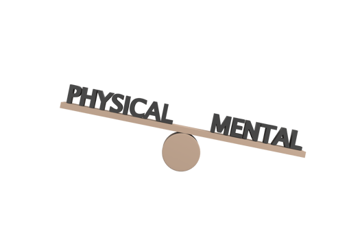 3D. words physical and mental on wooden seesaw unbalancing on white background png