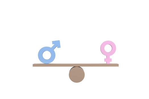 3D. Gender equality concept. Gender symbols balancing on wooden seesaw. png