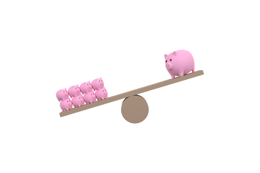 3D. piggy bank on wood seesaw unbalancing. Saveing concept png