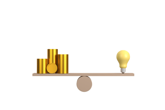 3D. Coin stack compare light bulb idea on wood scale seesaw. Money gold coin compare balance with knowledge concept. png