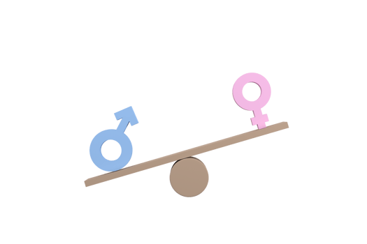 3D. Gender equality concept. Gender symbols unbalancing on wooden seesaw. png