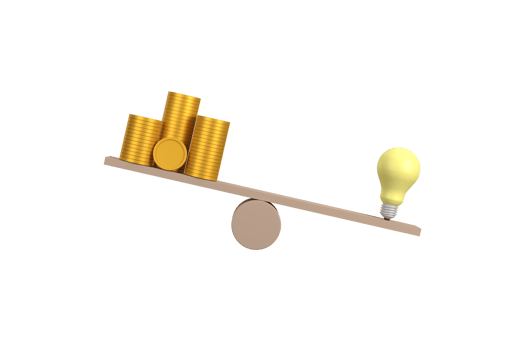 3D. Coin stack compare light bulb idea on wood scale seesaw. Money gold coin compare unbalance with knowledge concept. png