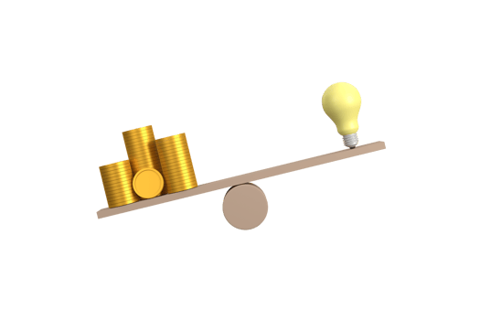 3D. Coin stack compare light bulb idea on wood scale seesaw. Money gold coin compare unbalance with knowledge concept. png