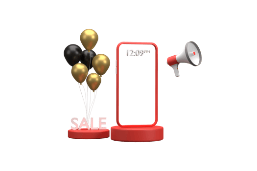3D. Black Friday promotion with balloons and megaphones on a black background. png