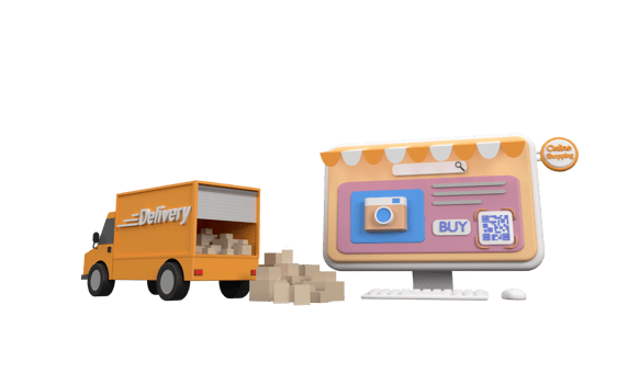 3D. Computer pc with QR code screen buy and delivery truck. Concept online shopping png