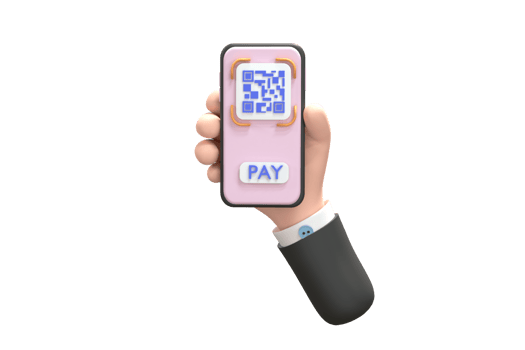 3D. QR code scanning icon in smartphone. hand holding Mobile phone, barcode scanner for pay. png