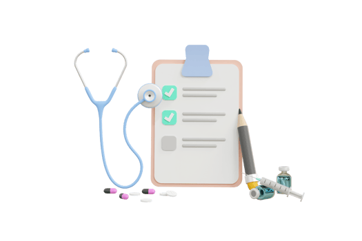 3D. Stethoscope and notes on blue background, health check concept. png