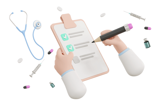 3D. Hand hold check board and stethoscope on blue background, health check concept. png
