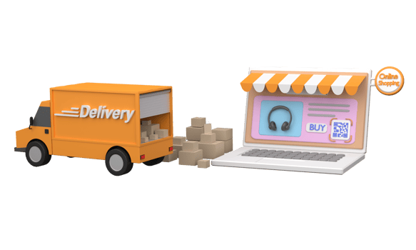 3D. Computer laptop with QR code screen buy and delivery truck. Concept online shopping png