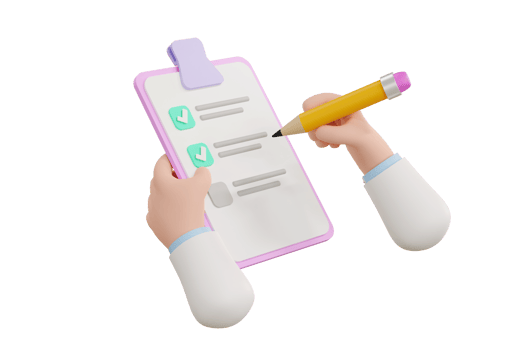 3D. Cartoon hand Medical Clipboard.Medical report and pencil. png