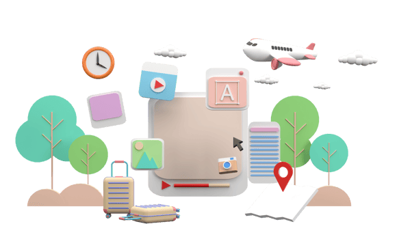 Computer screen showing icons about travel pictures and trees in the background. Suitcases and maps png