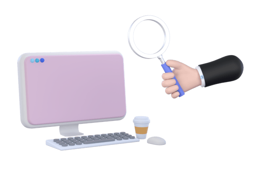 3D. Cartoon hand holding magnifying glass and computer PC png