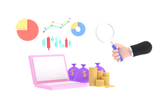 3D. hand holding magnifying glass and laptop, stock chart, investment, coin and purse. financial concept png