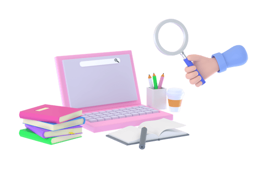 3D. hand holding magnifying glass and readiness to study laptop for educational information png