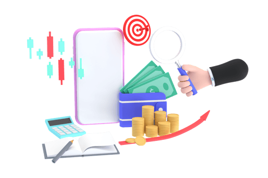 3D. hand holding magnifying glass and mobile phones with piles of coins and calculator, Stock chart. png