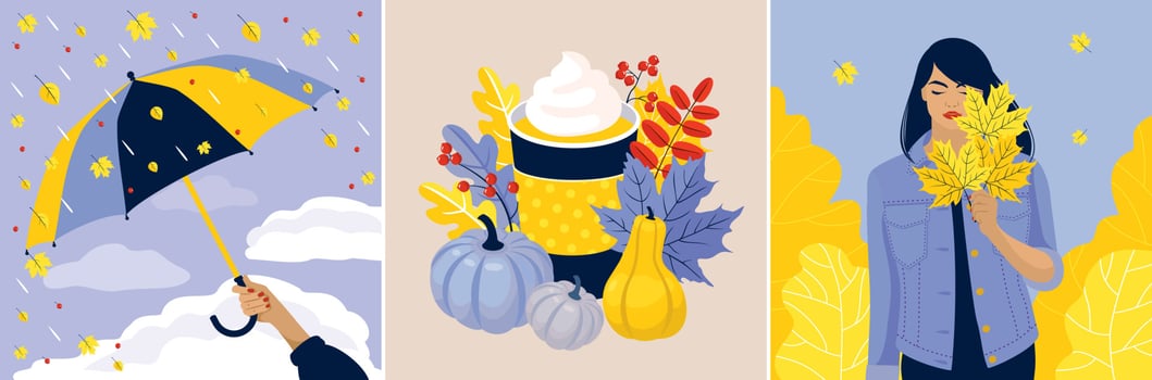 Autumn greeting cards set - a girl holds leaves, an open umbrella in her hand, leaf fall, a latte cup, a pumpkin. vector