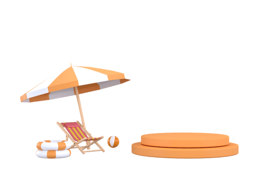 beach umbrella, beach ball, swimming ring and beach chair. Summer travel and holiday concept. png