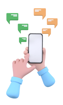Cute hand holding phone with short messages. Chatting with friends and sending messages. png