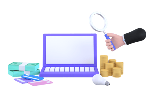 hand holding magnifying glass and Computers, coins and credit card. finance concept. png