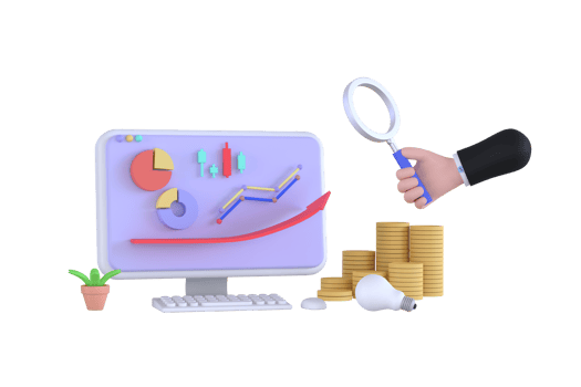 3D. hand holding magnifying glass and computer and stock chart, investment, coin and purse. financial concept png