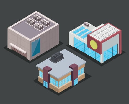 three isometric buildings icons vector