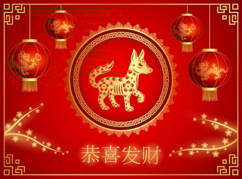 Happy Chinese New Year card of the dog with words. Chinese character mean happy new year vector