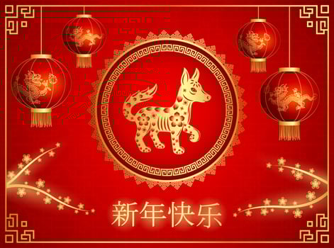 Happy Chinese New Year card of the dog with words. Chinese character mean happy new year vector