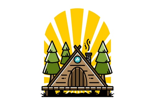 Triangle wooden cabin between pine tress illustration design vector