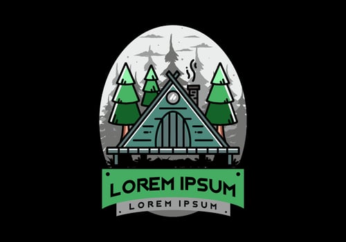 Triangle wooden cabin between pine tress illustration design vector