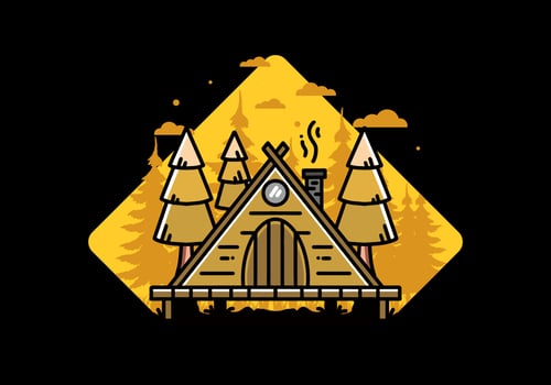Triangle wooden cabin between pine tress illustration design vector