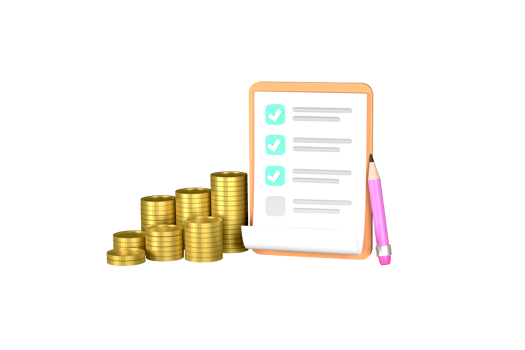 check list with clipboard, check mark, pile money coins isolated. png