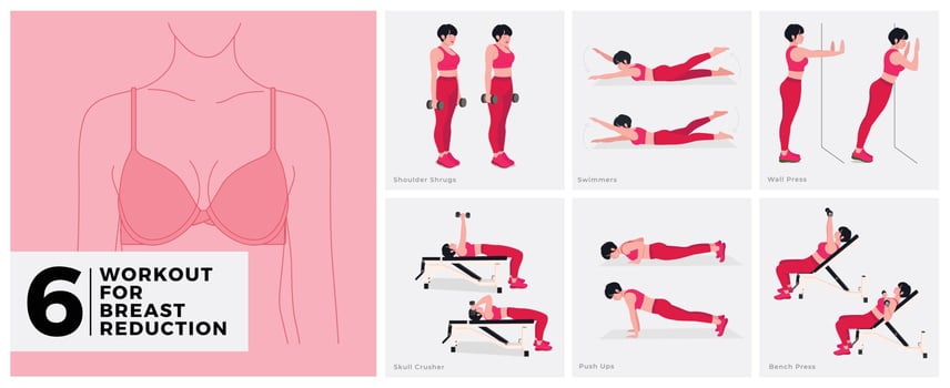 Workout exercises for BREAST REDUCTION. Women doing fitness and yoga exercises. vector