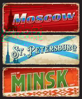 Saint Petersburg, Moscow, Minsk city travel plates vector