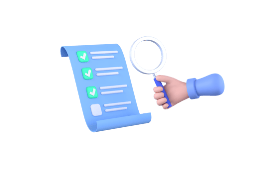 Hand holding checklist paper and hand holding magnifying glass. paper with check marks, tick icons. png