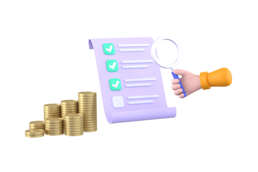 check list with businessman hands holding magnifying glass, check mark, pile money dollar coins png