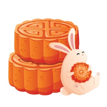 Cute rabbit enjoying tasty moon cake. vector