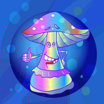Vibrant colorful mushroom on a blue fluorescent background. Psychedelic hippie vector illustration. Style of 60s.