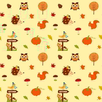Seamless pattern with hedgehog, owl, squirrel, bird on roadsign, mushrooms, pinecone, tree, pumpkin and autumn leaves. vector