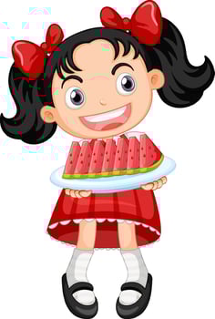 Little cute girl holding watermelon sliced plate vector