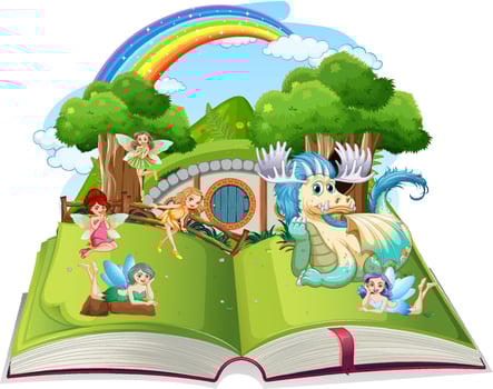 Medieval magic land scene on open book vector