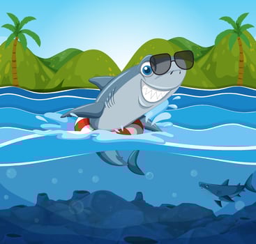 Cute shark cartoon character swimming in the sea vector