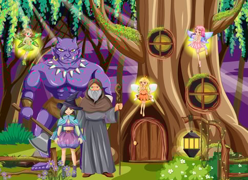 Enchanted scene with medieval cartoon characters vector