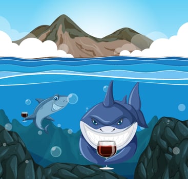 Shark cartoon character underwater scene vector