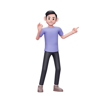 3D character illustration of casual man Pointing Finger Aside At Copy Space, Recommending Something with left hand and right hand with ok finger png
