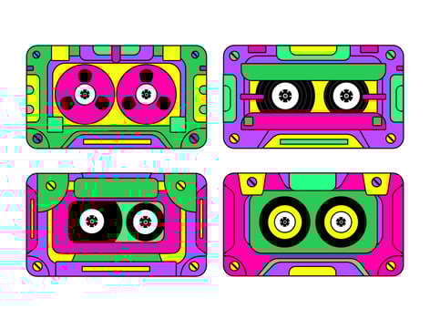 audio cassette set. Bright trendy colors. Music of the 90s. Vintage disco, rock and pop audio media. Universal design. Vector illustration, cartoon element