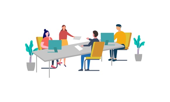 Group of office workers sitting at desks and communicating or talking to each other vector