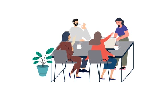 Group of office workers sitting at desks and communicating or talking to each other vector