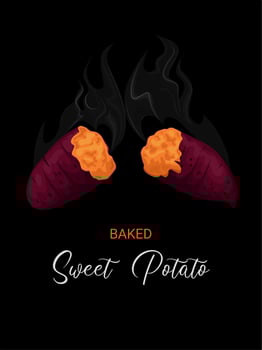 Vector illustration, hot baked sweet potato, isolated on a dark background.