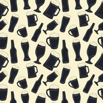 Square seamless Pattern. Beer bottle or glass, mugs retro doodle. Oktoberfest engraving. vector