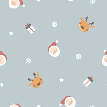 seamless merry christmas and happy new year with santa claus head, reindeer, star, gift present, snowflake, winter season repeat pattern in blue background, flat vector illustration cartoon